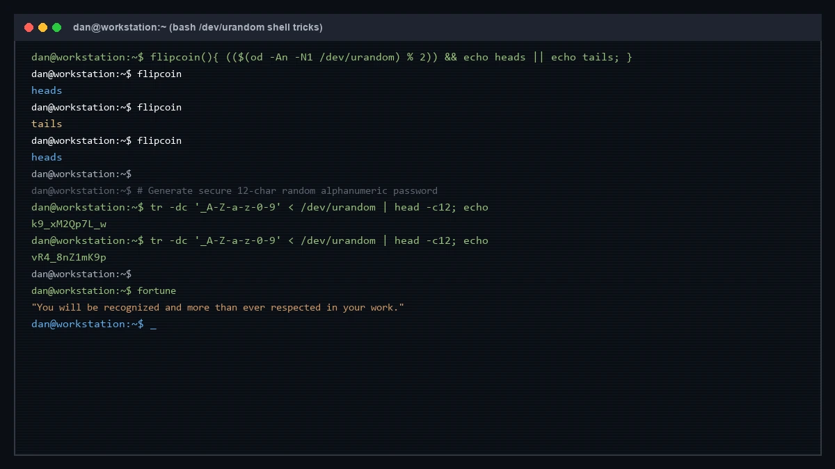 Bash One-Liners: Flip a Coin and Generate Random Passwords with /dev/urandom