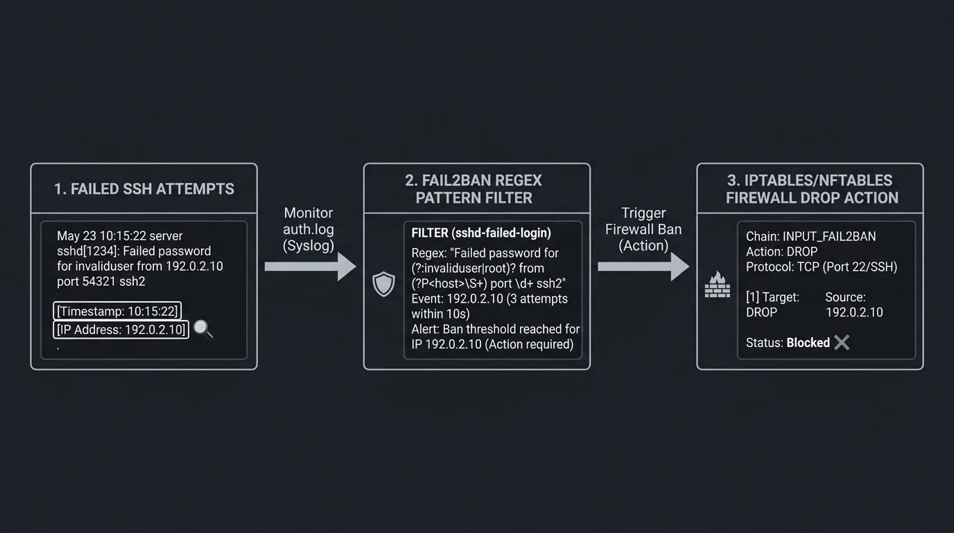 Fail2ban filter and drop action flowchart