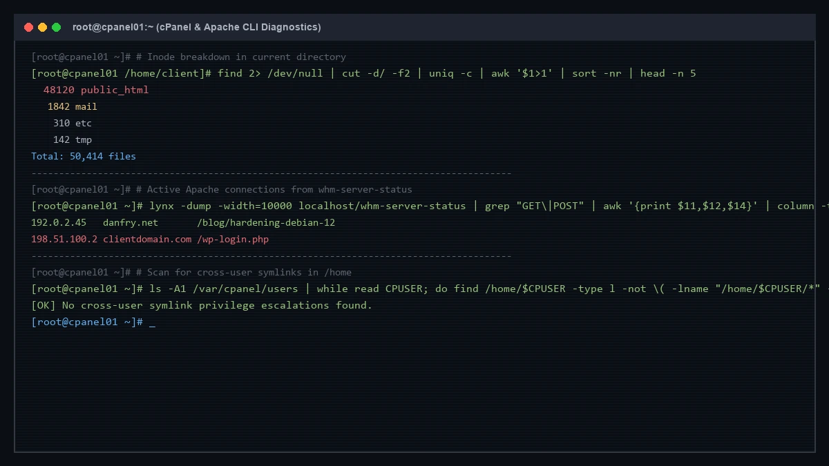 Essential cPanel & Apache CLI Snippets: Inodes, Connections, and Symlink Audits