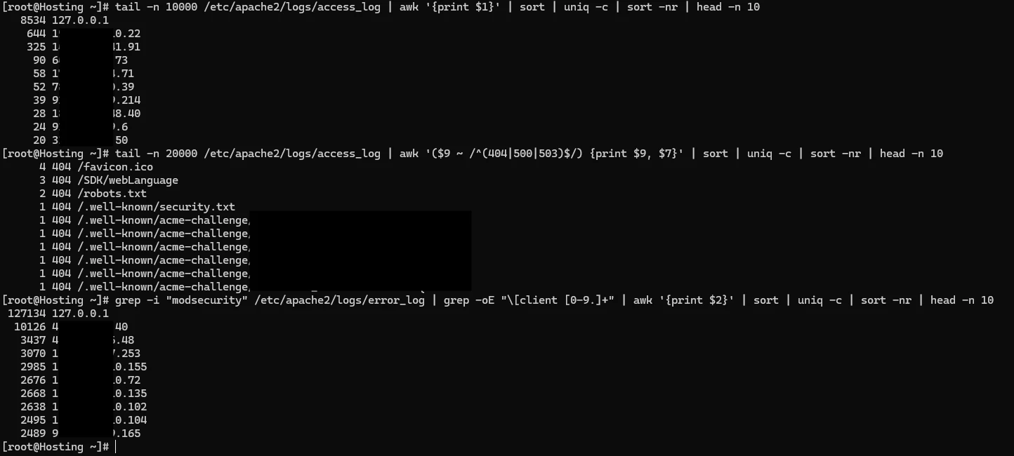 Running the log inspection and ModSecurity commands in an active SSH session