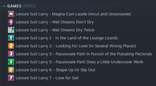 My Leisure Suit Larry collection preserved in my Steam library