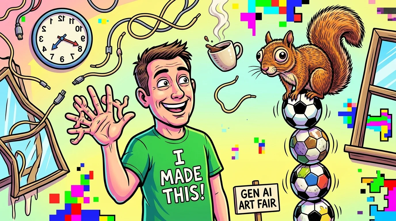 Satirical cartoon of AI slop: a smiling human with 9 tangled fingers standing next to a squirrel balancing on five footballs amidst floating glitches